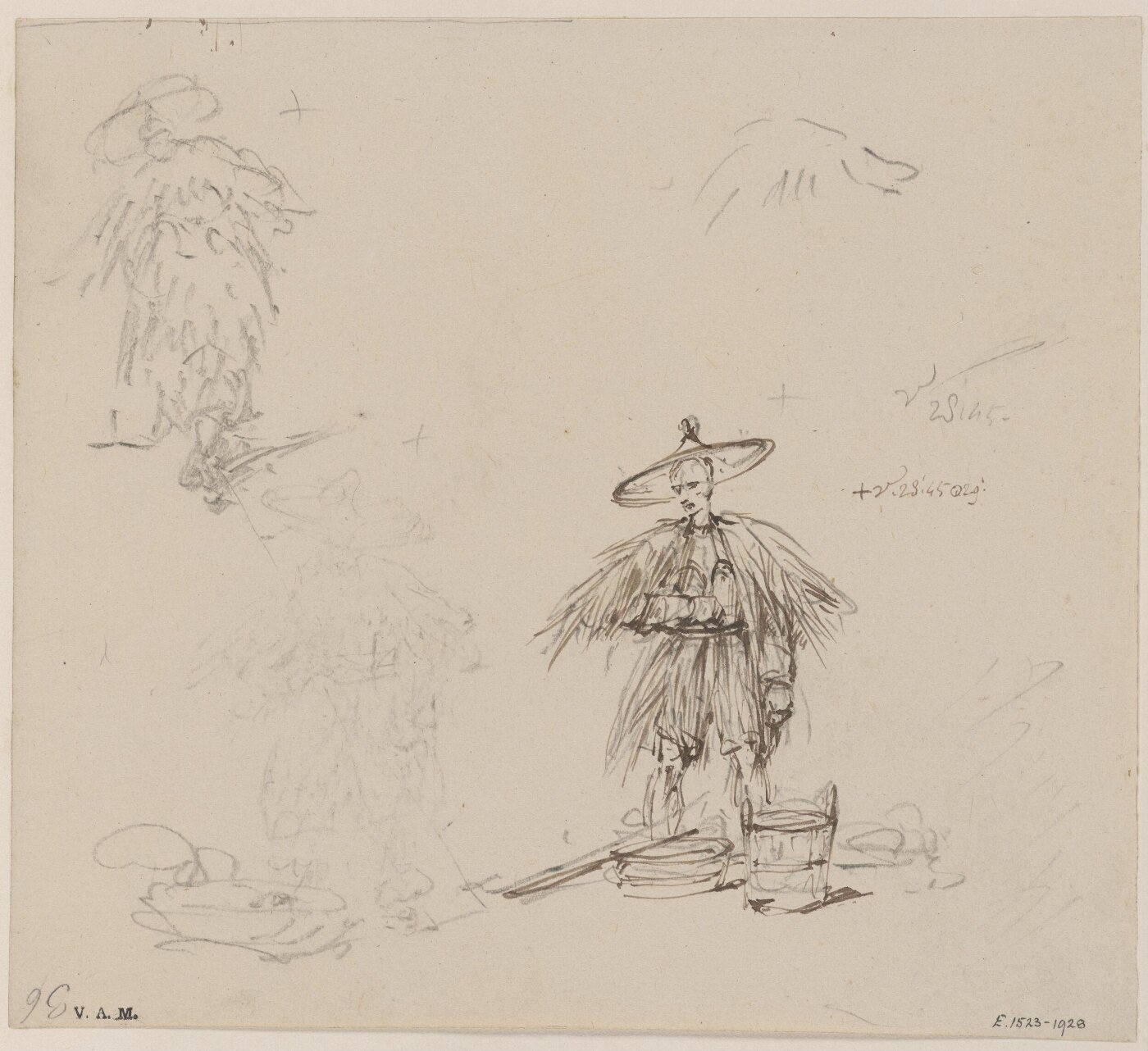 George Chinnery, Three sketches of a Chinese man in wet-weather dress