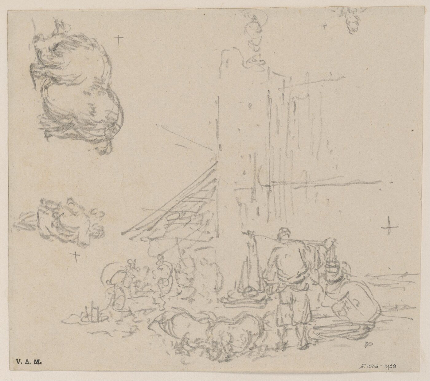 George Chinnery, Chinese figures and pigs by church railings