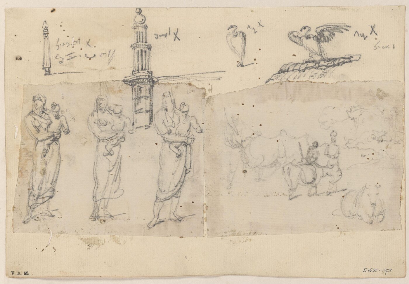 George Chinnery, Indian figures, cattle, vultures and minarets