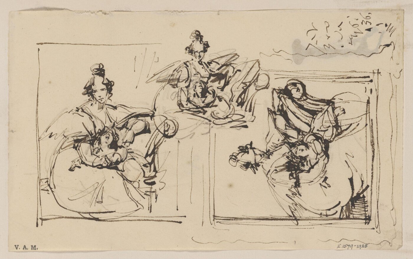 George Chinnery, Three studies for a portrait of a Western woman and child