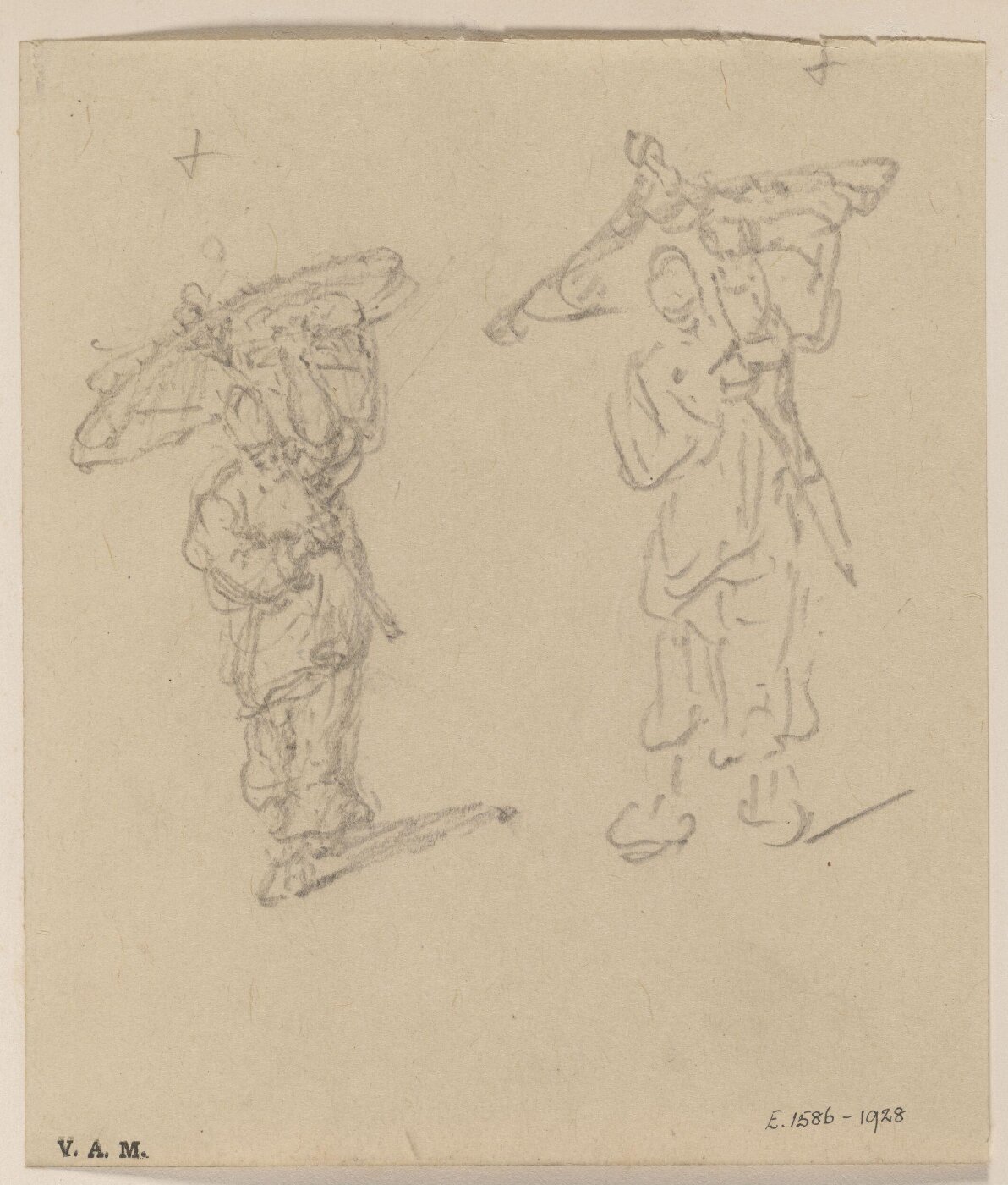 George Chinnery, Two dawings of a Chinese man holding a parasol