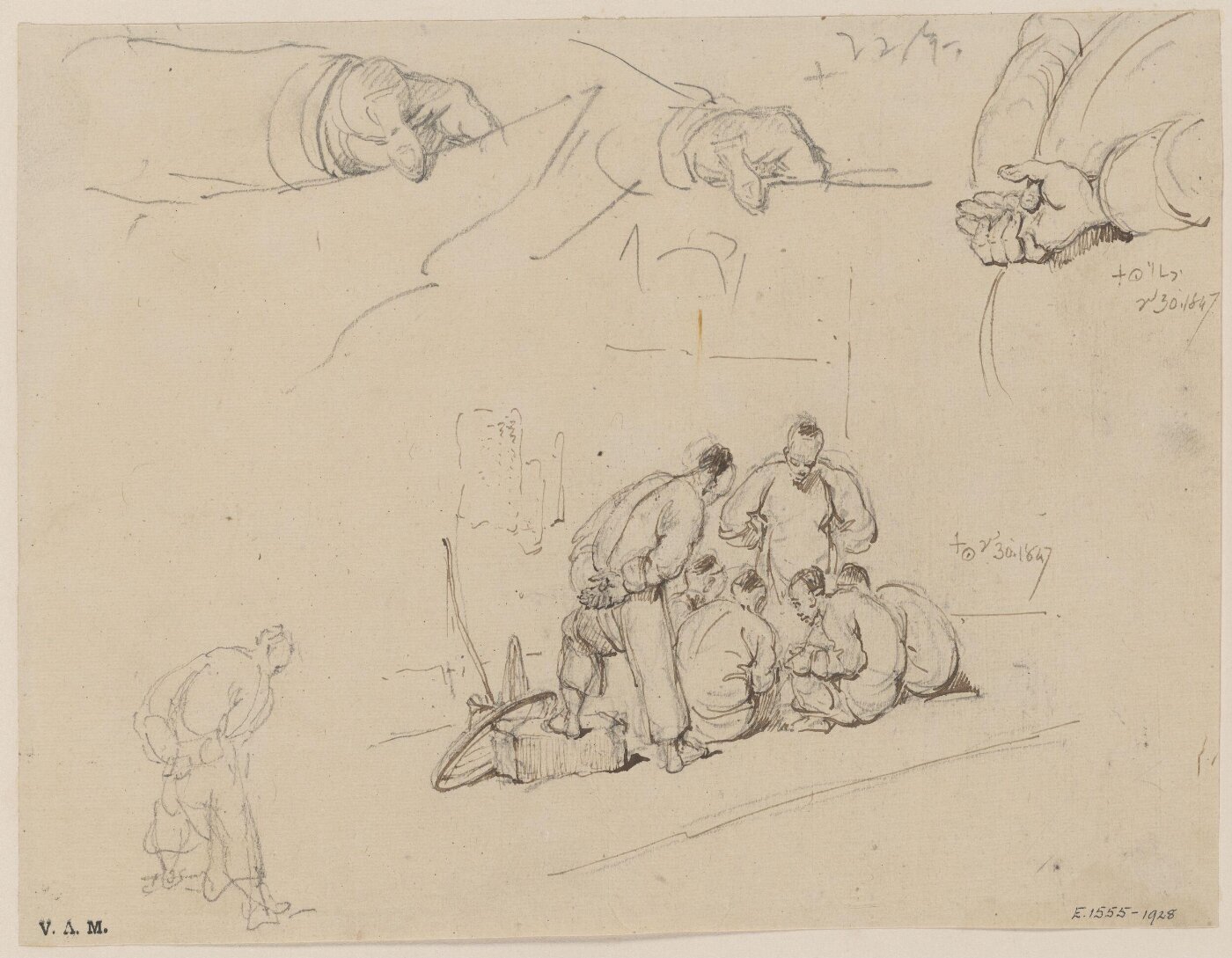 George Chinnery, Drawings of a group of Chinese men, clasped hands, and a hand holding paper