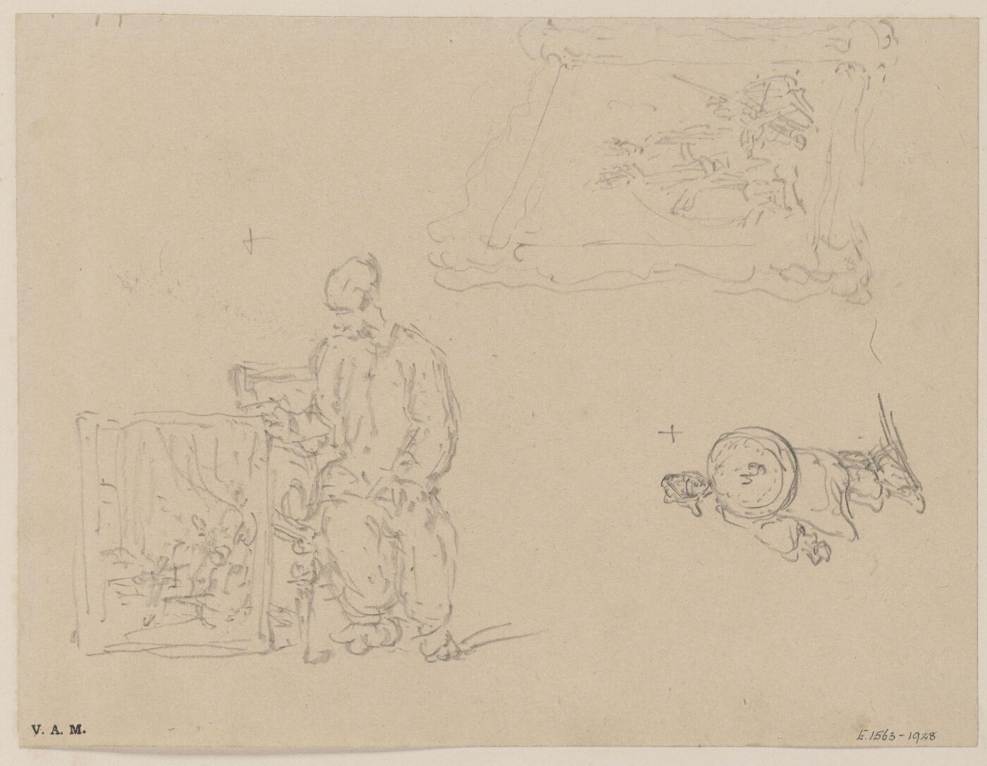 George Chinnery, A figure seated beside a portrait, and other sketches