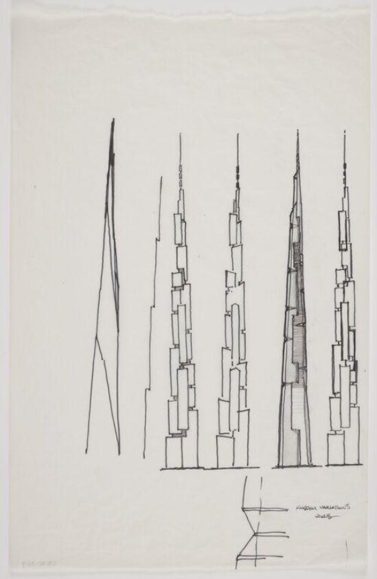 Variant design elevations for Jeddah Tower, Jeddah, Saudi Arabia, by Adrian Smith, Adrian Smith and Gordon Gill Architec by Lawrence Beall Smith