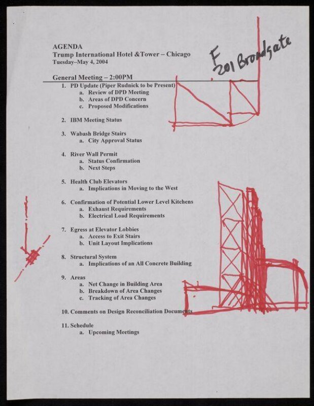 First architectural design sketch for 201 Bishopsgate and Broadgate Tower, London, on an agenda paper, by Adrian Smith, design partner, Skidmore, Owings and Merrill (SOM), 4 May 2004
