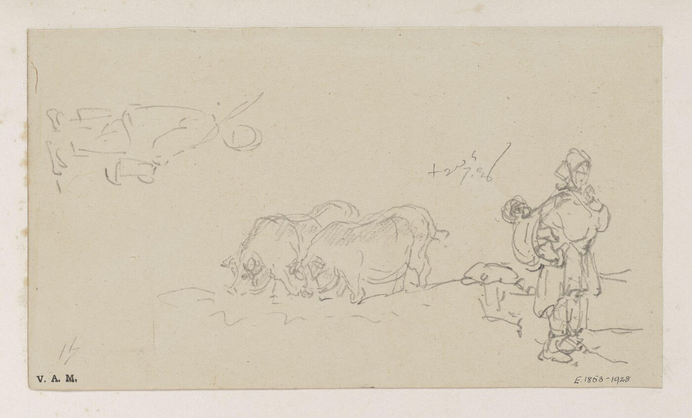 George Chinnery, A boatwoman and child, two pigs, and a figure in outline