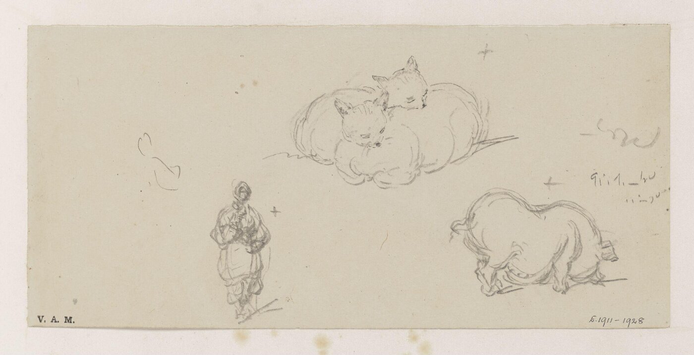 George Chinnery, Sketches of a boatwoman, two cats, and a pig