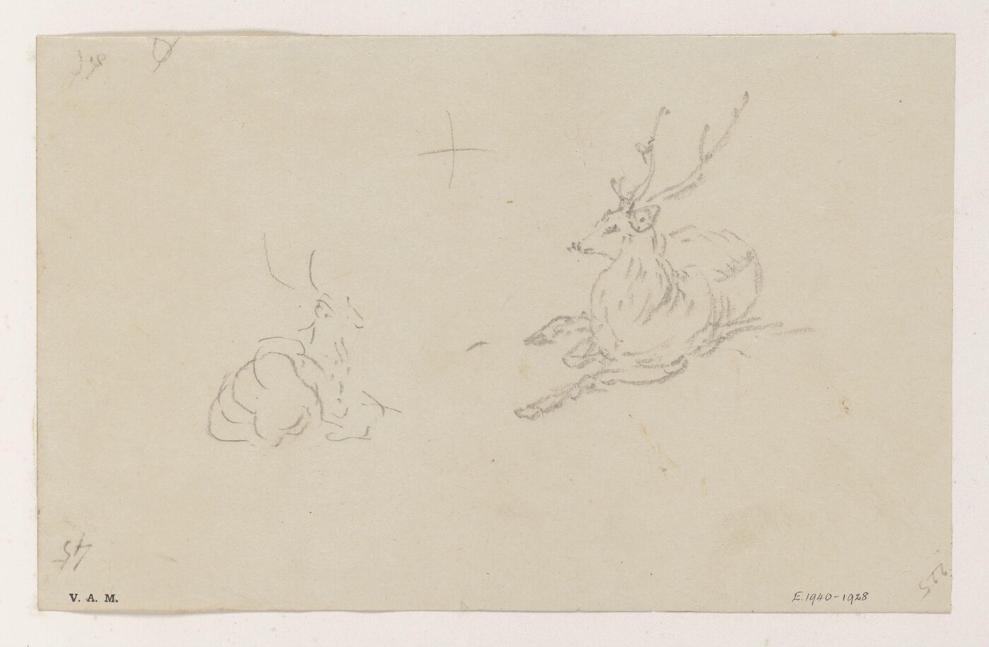 George Chinnery, Two sketches of a stag, and (on the reverse) a harpsichord