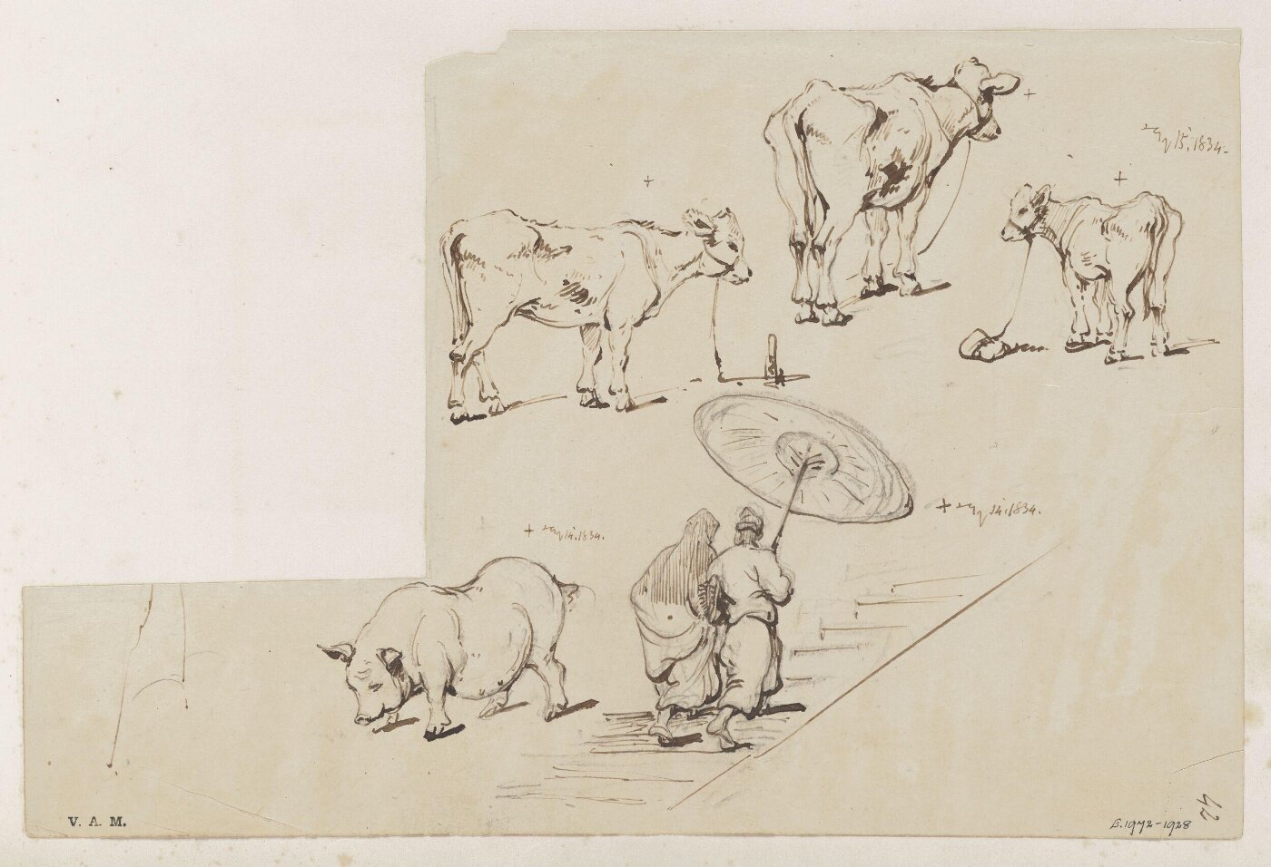 George Chinnery, Figures ascending a staircase, a pig, a cow and two calves