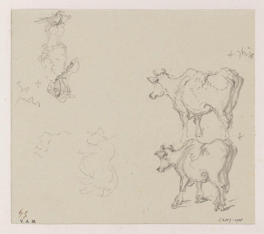 Two drawings of a cow and a drawing of a porter