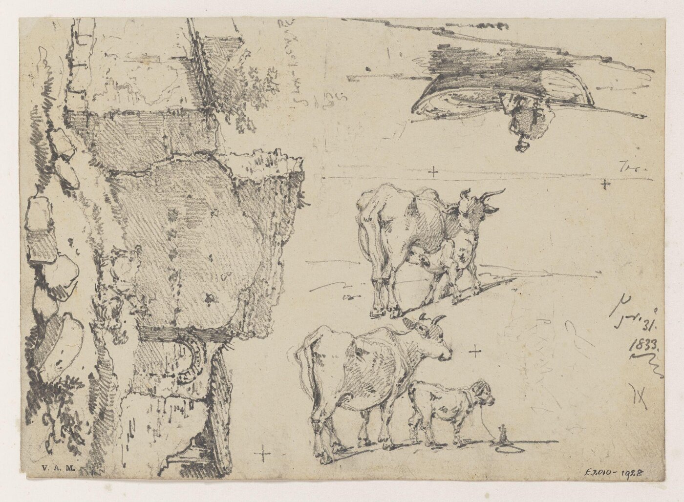 George Chinnery, A ruined building, cattle, and a figure in a boat