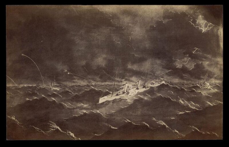 Copy of a painting of steam ships shooting into a lightning-struck sky