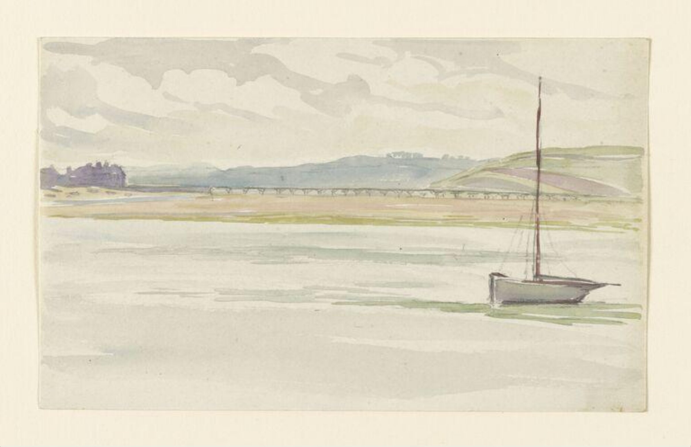 View of a bridge from across a river, with boat in foreground, Beatrix Potter, 1892-1910