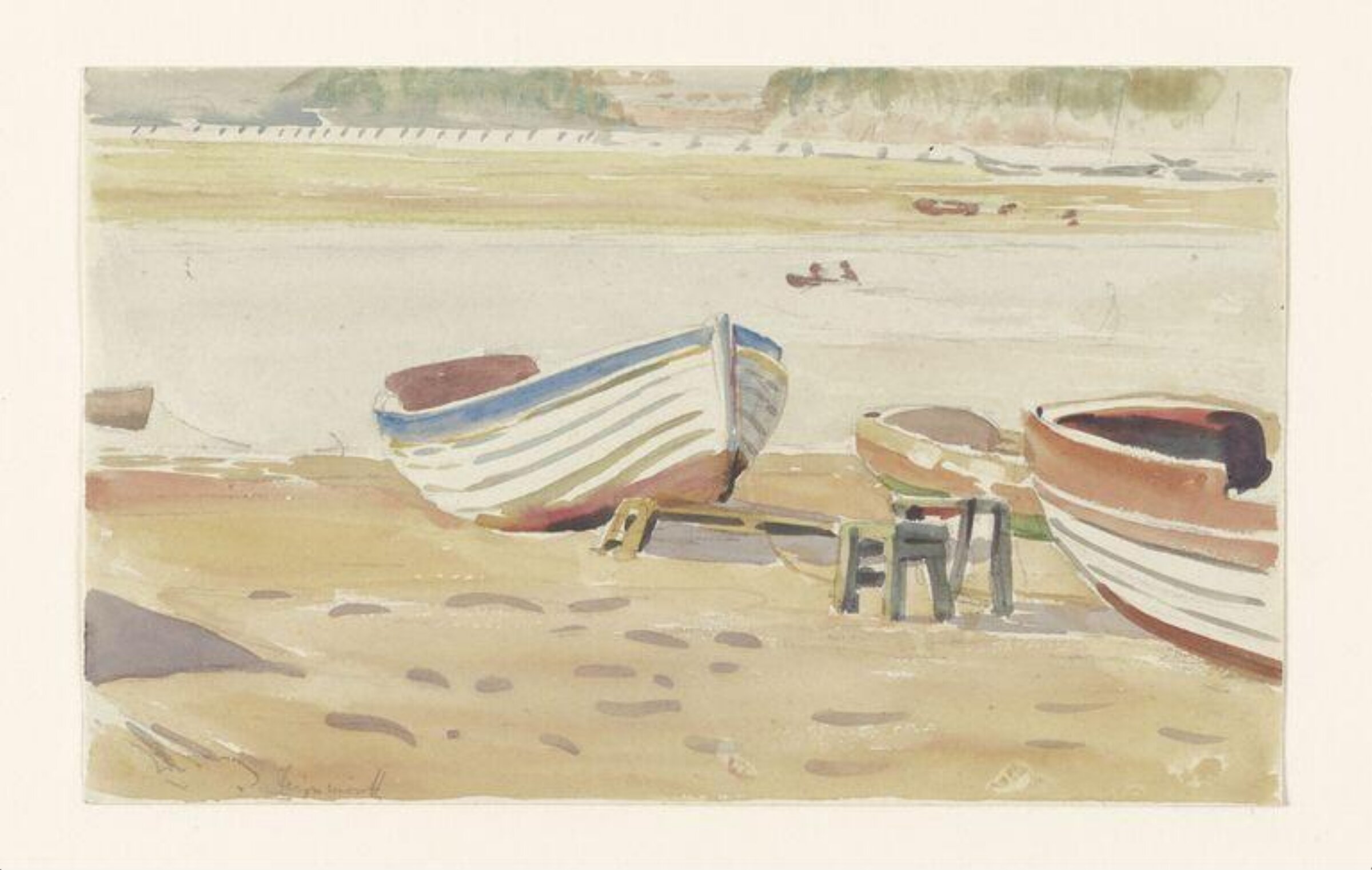 Study of rowing boats on a beach, with river beyond, Beatrix Potter, 1892-1910