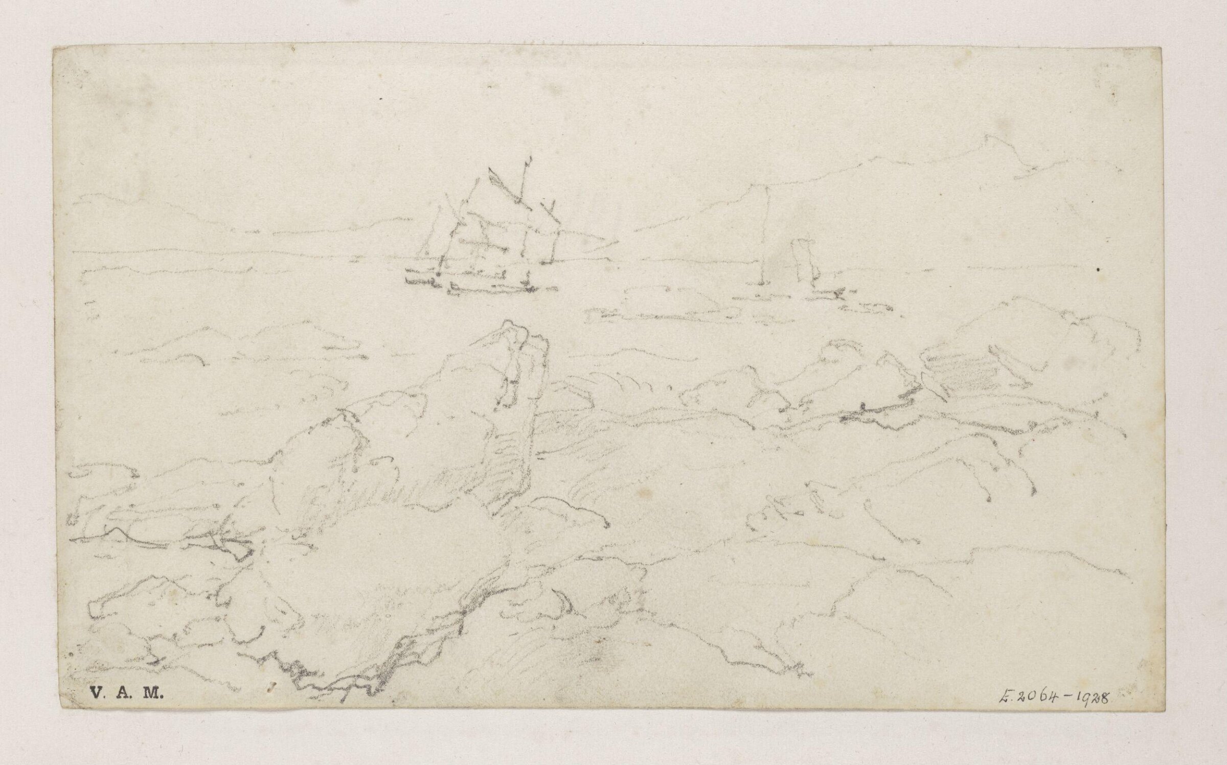 A rocky coast with a ship in full sail, George Chinnery, 29/09/1825 - 30/05/1852