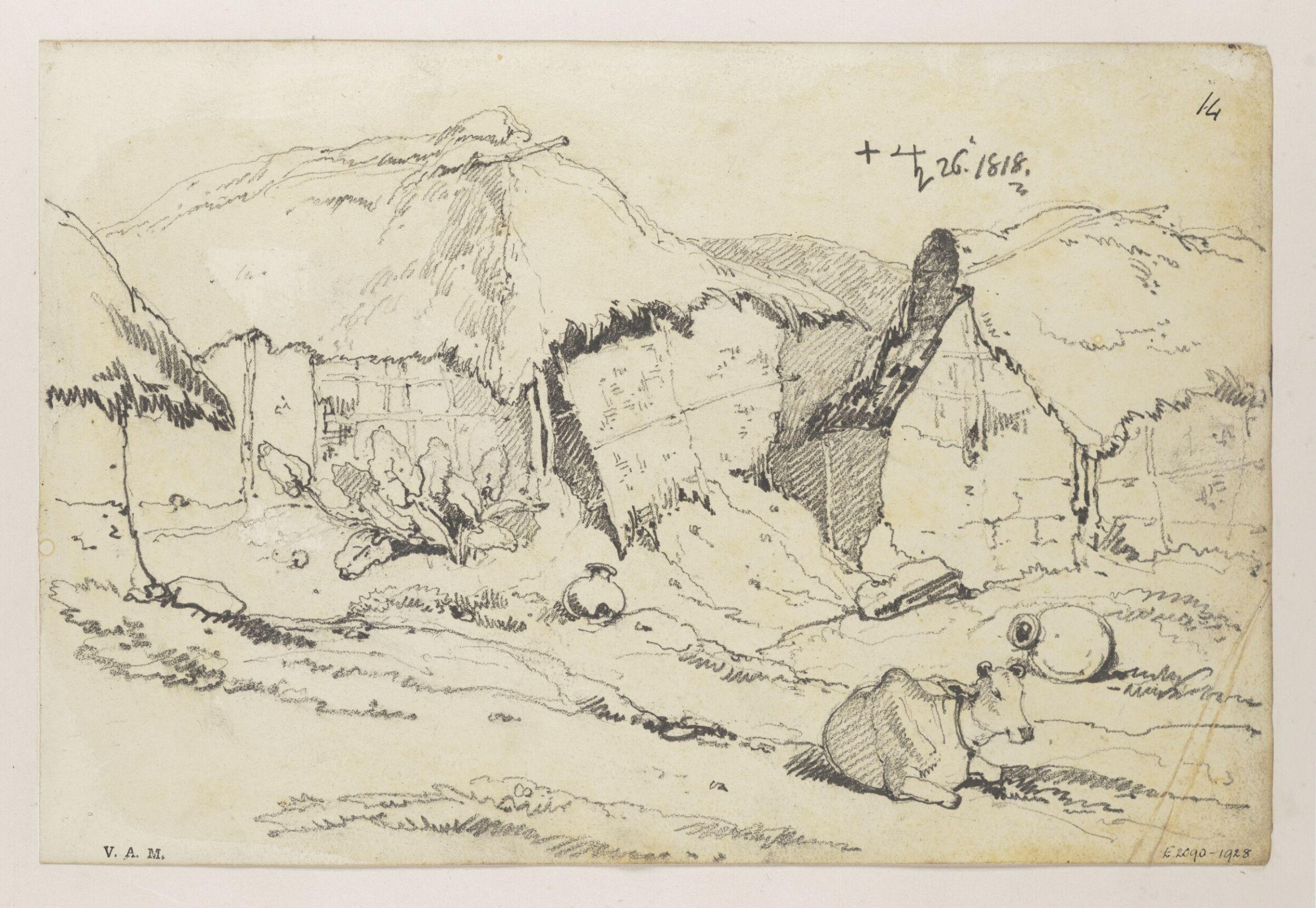 Indian village dwellings with a humped ox, George Chinnery, 26/10/1818