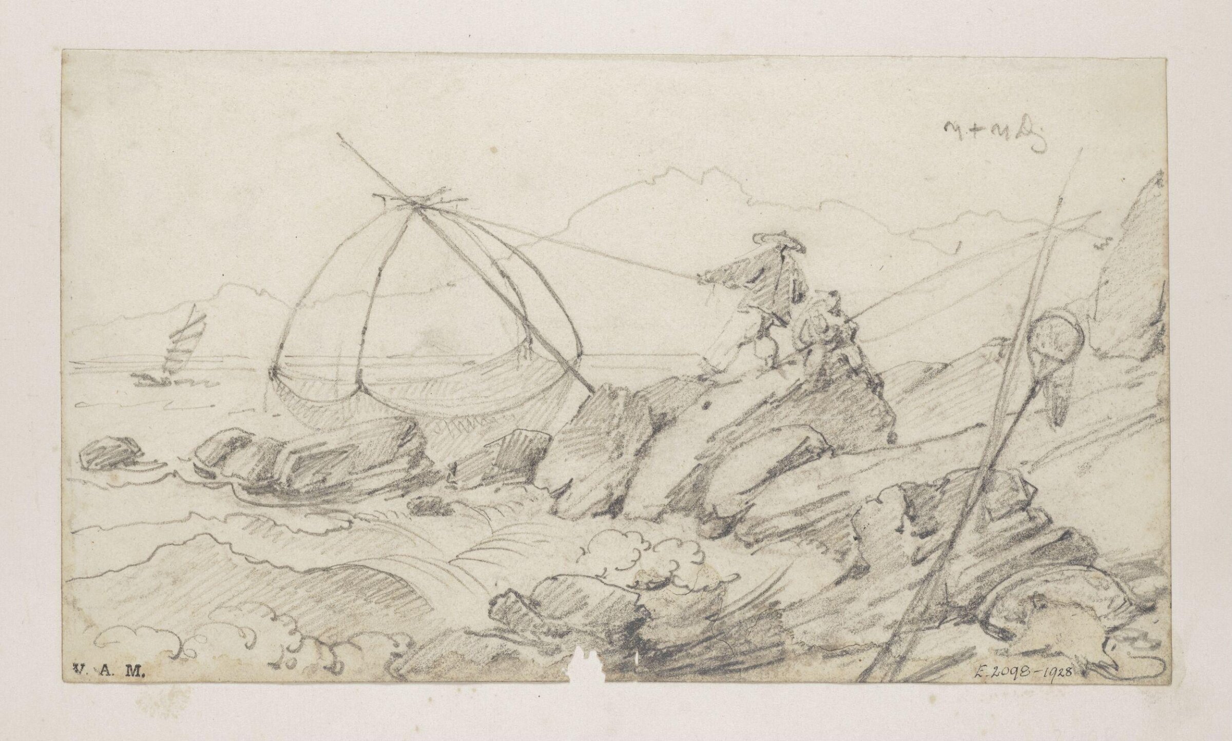 Fishermen with their nets on a rocky coast, George Chinnery