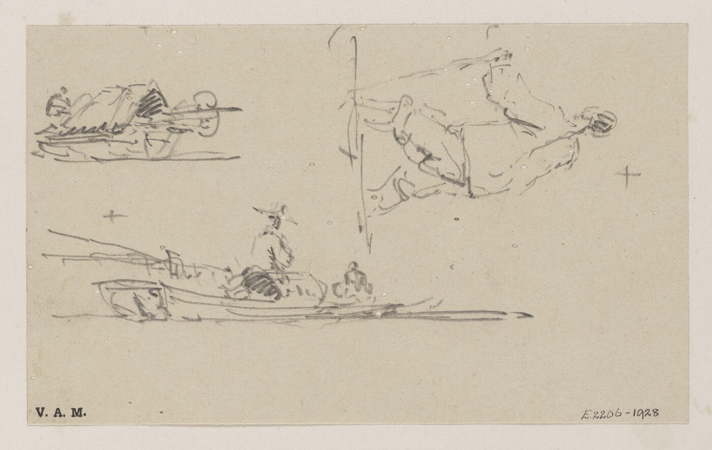 George Chinnery, Three sketches of Chinese figures and boats