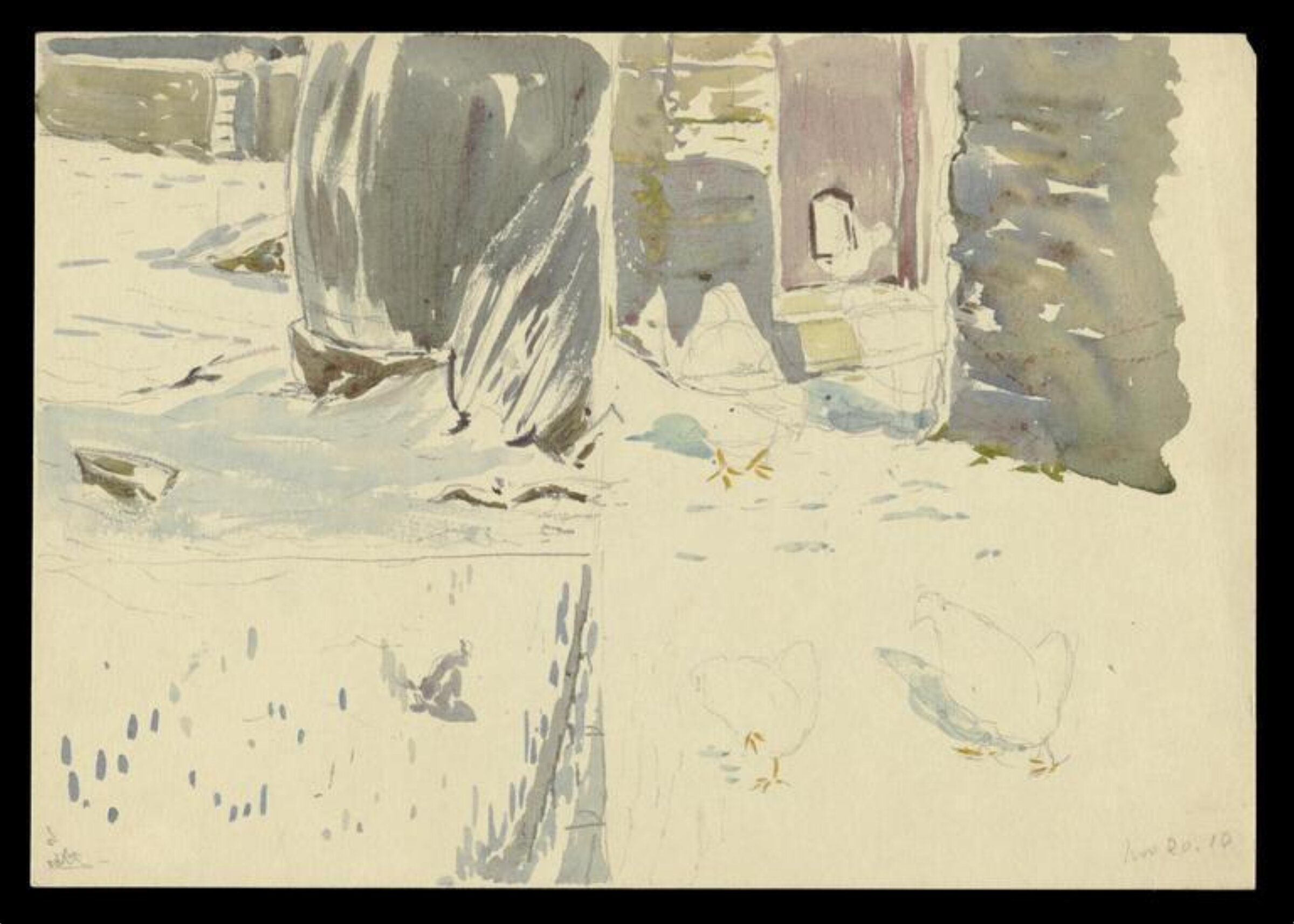 Snowy scenes: waterbutt in the snow; chickens in snow near doorway; chicken in snow, Beatrix Potter, November 1910