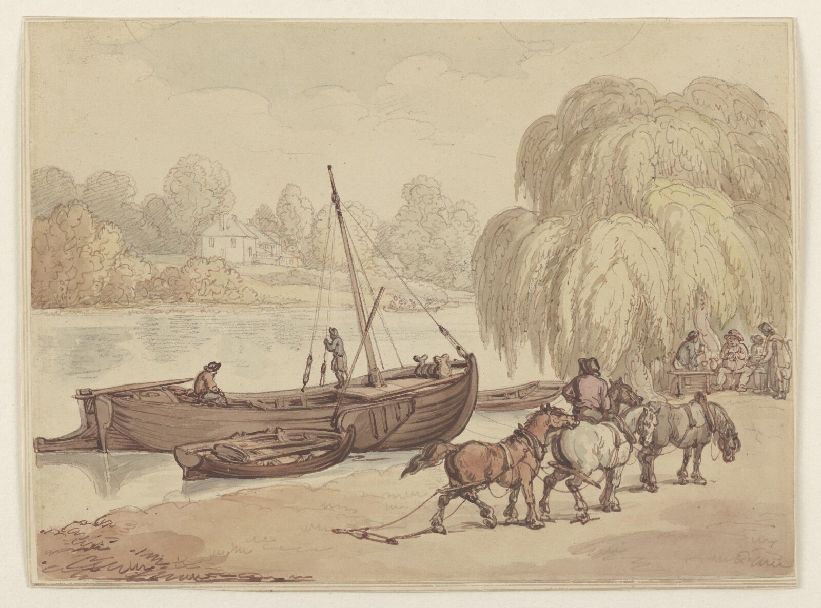 Scene on a Thames-side towing-path, Thomas Rowlandson