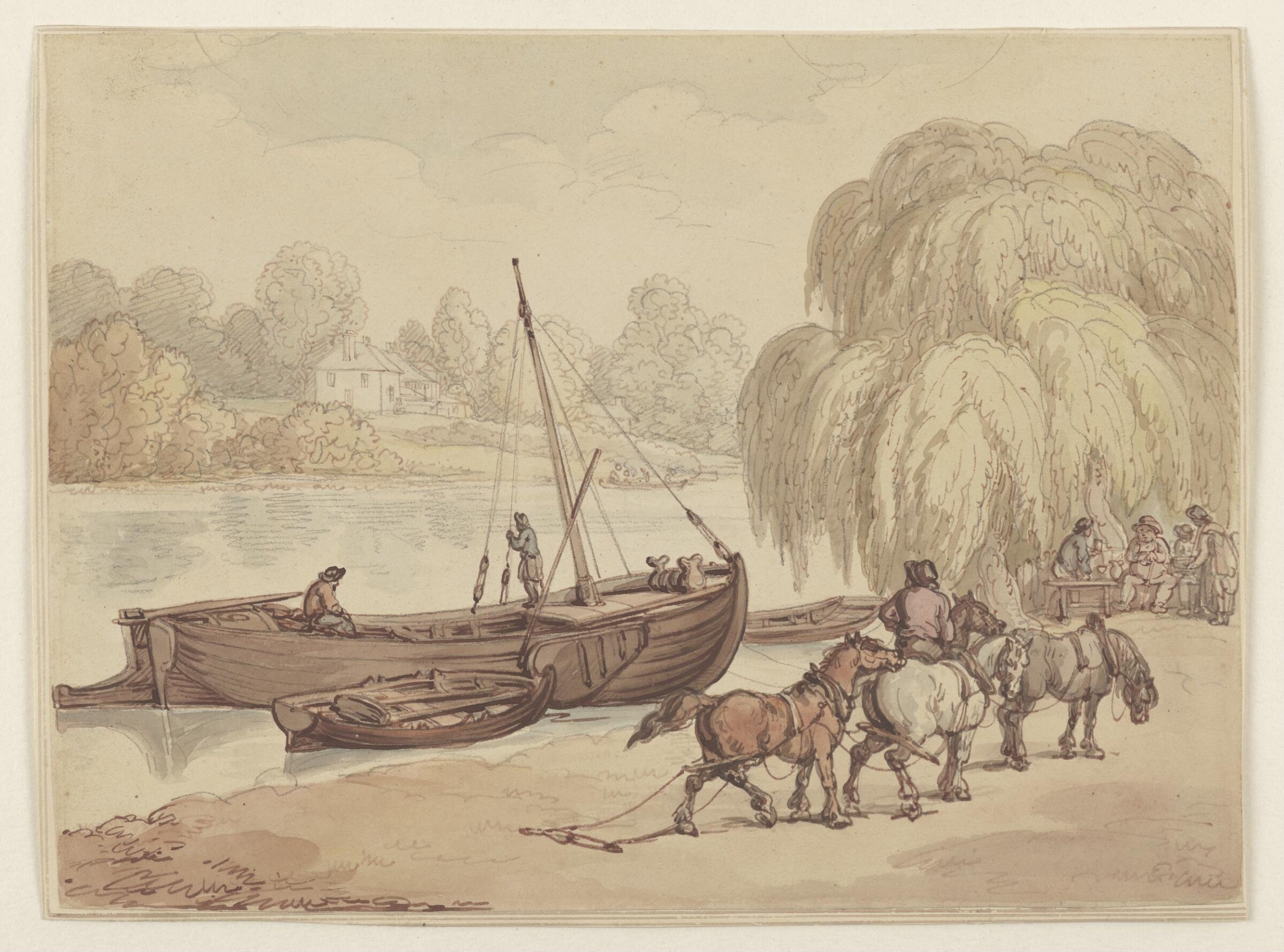 Scene on a Thames-side towing-path, Thomas Rowlandson