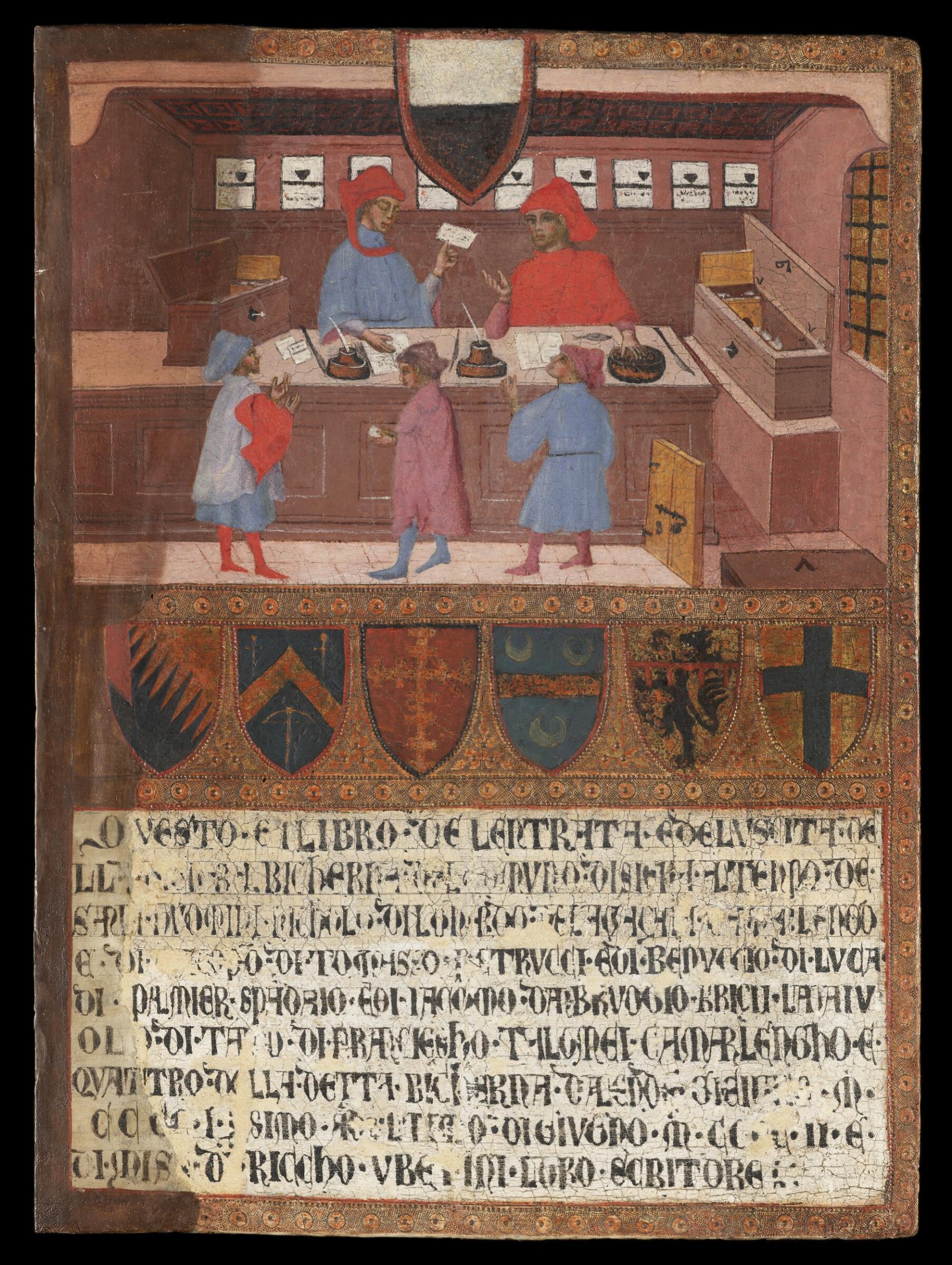 Tavoletta di Biccherna: The Camarlingo Niccolò di Leonardo della Gazaia, His Scrivener and Three taxpayers, Paolo di Giovanni Fei, 1402
