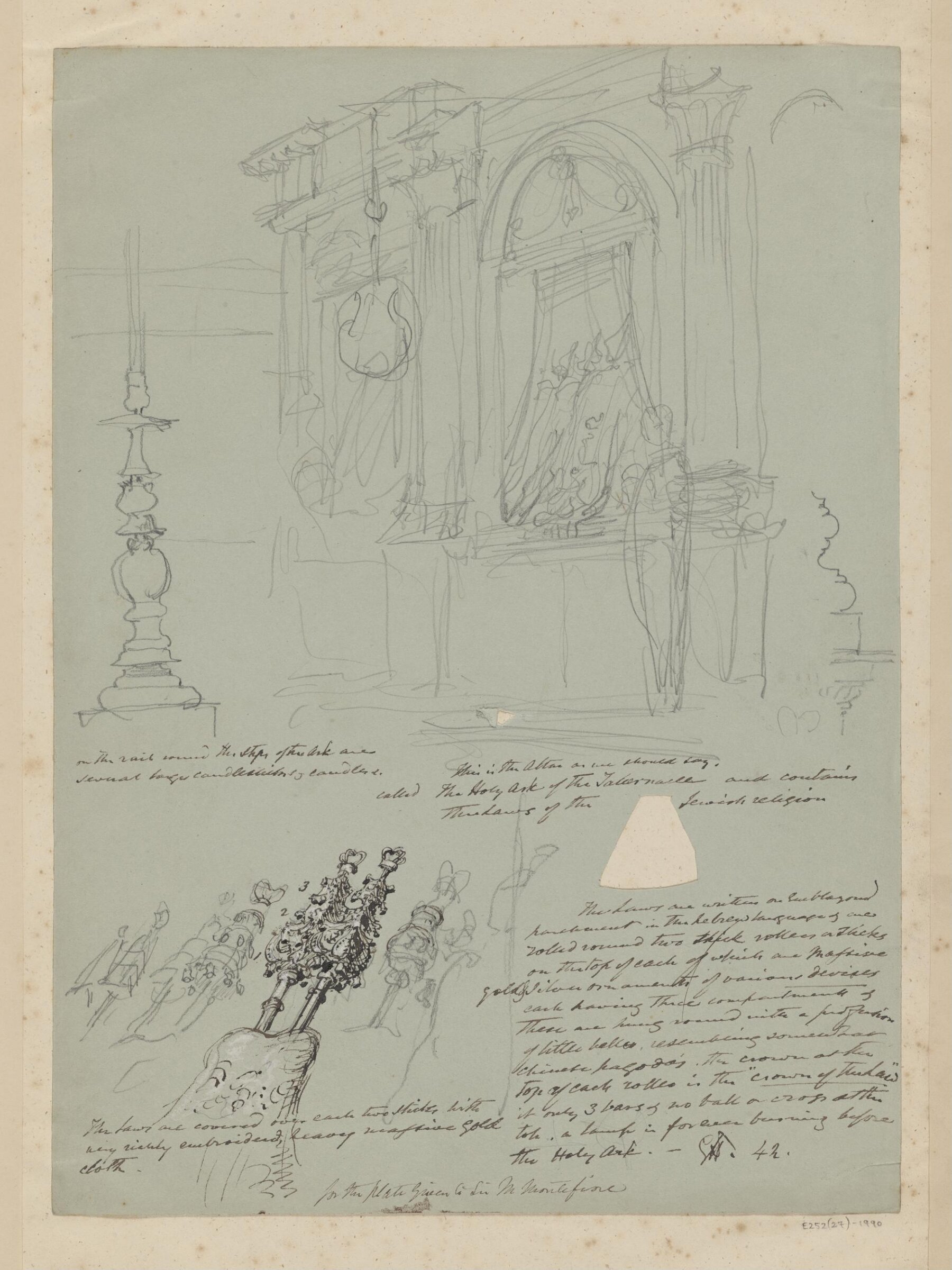 Perspective sketch of the interior of a Synagogue, showing the Holy Ark of the Tabernacle and sketches of the Torah, the Scrolls of the Law., George Hayter, 1842