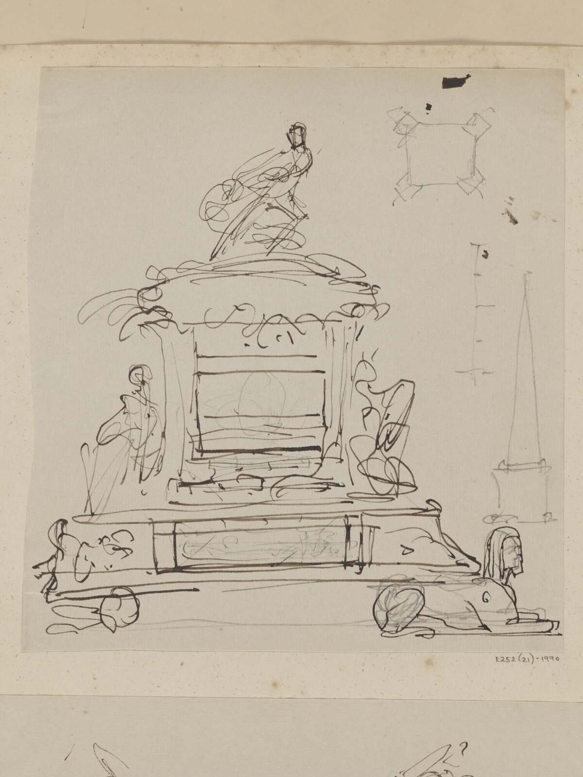 Rough composition sketch for the Testimonial, side elevation showing the Sphinxes at the base, and some figures, with slight sketches in pencil, George Hayter, 1842
