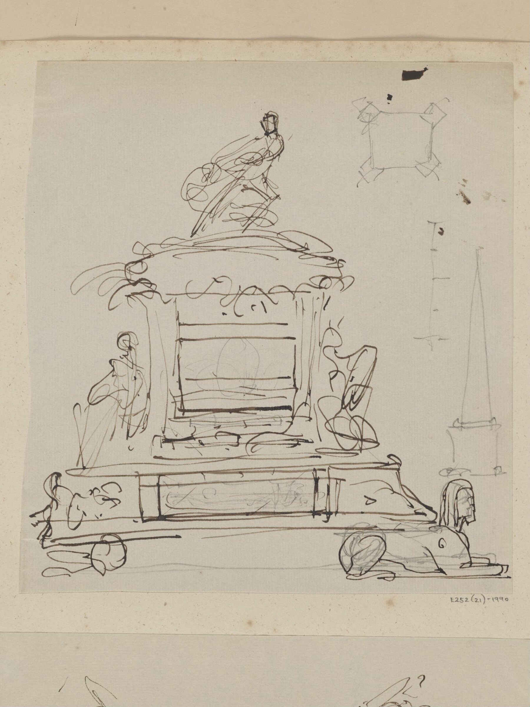 Rough composition sketch for the Testimonial, side elevation showing the Sphinxes at the base, and some figures, with slight sketches in pencil, George Hayter, 1842